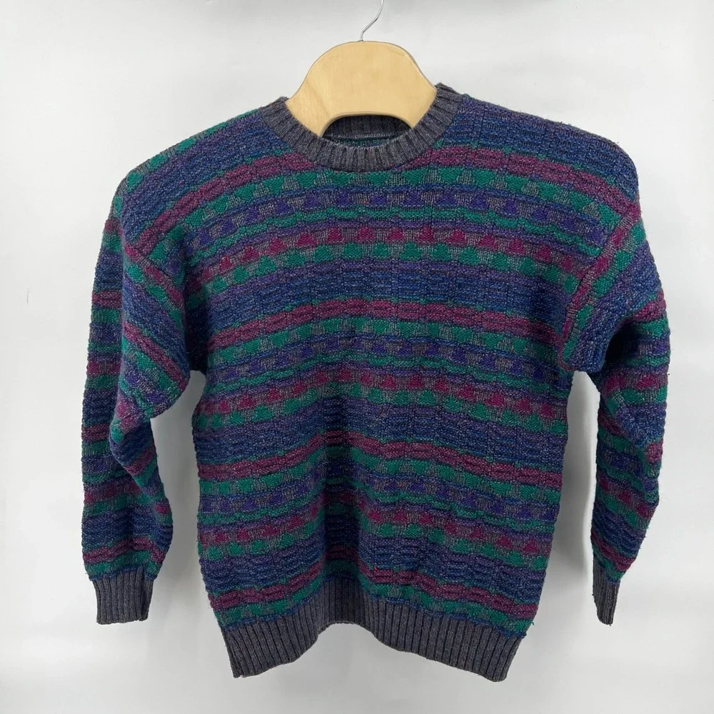 Vintage Wool Knit Sweater Oversized Striped Geometric Crew Neck Teal Purple M/L